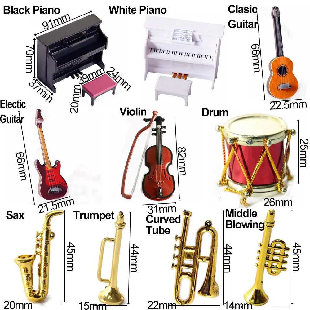 Miniature Musical Instruments Set – 1:12 Scale Piano, Guitar, Violin & More